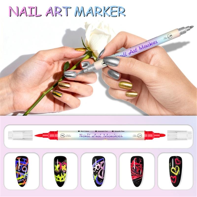 12Pcs Double Ended Nail Art Markers 12 Vibrant Color Precisions Tips for Creative Designs Easy Application Long Polish