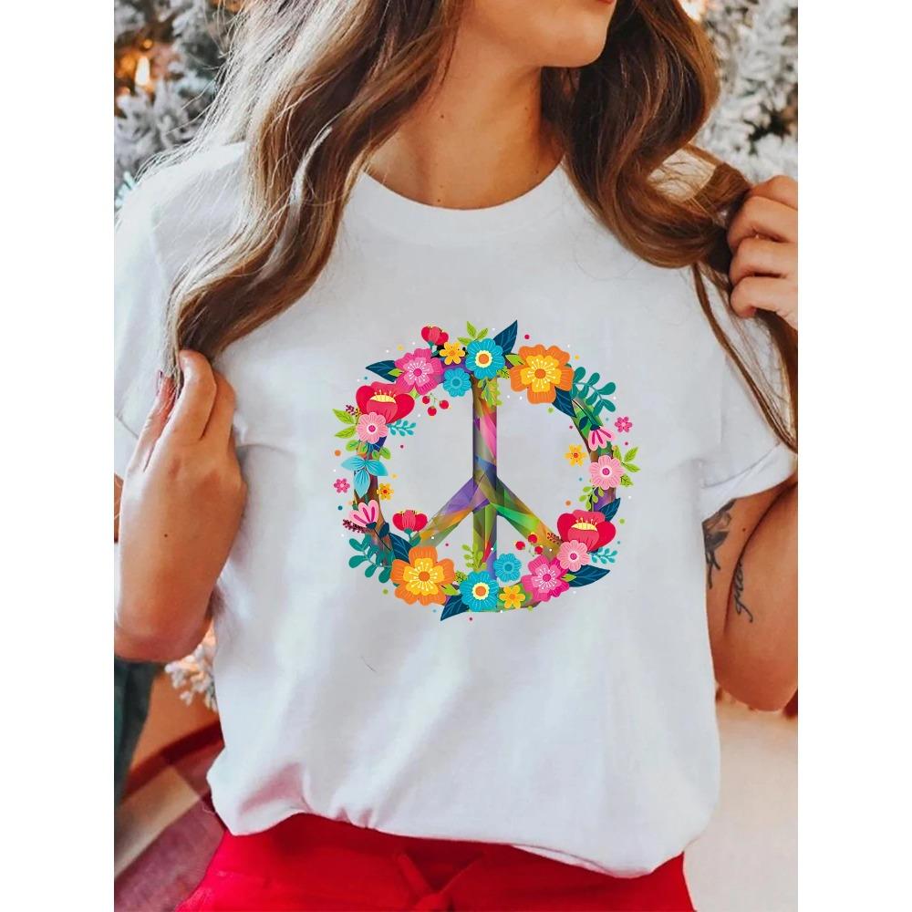 Peace Love Hippie Costume Tie Dye Années 60 70s T-shirt d'été décontracté à manches courtes pour femme Hauts à col rond Tshirt