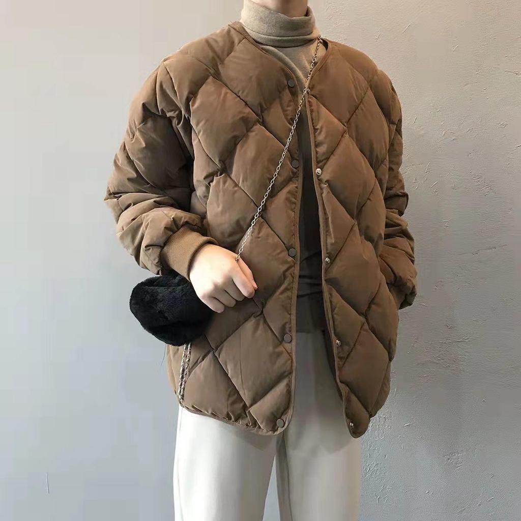 2025 Winter Women's Loose Diamond Pattern Round Neck Short Down Cotton Jacket - College Style