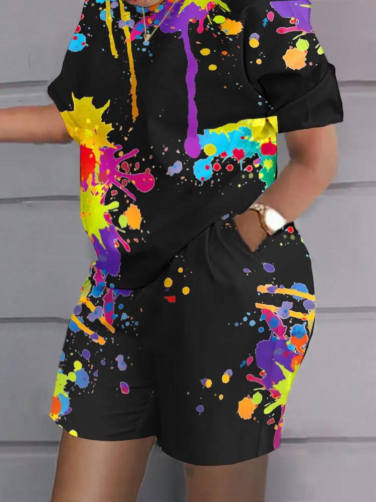 Casual Top & Shorts Set Sets Casual Short Sleeve Tshirt Outfit Women Summer Gradient 3D Print Pocket Short Sets Suit Female T Shirt Shorts