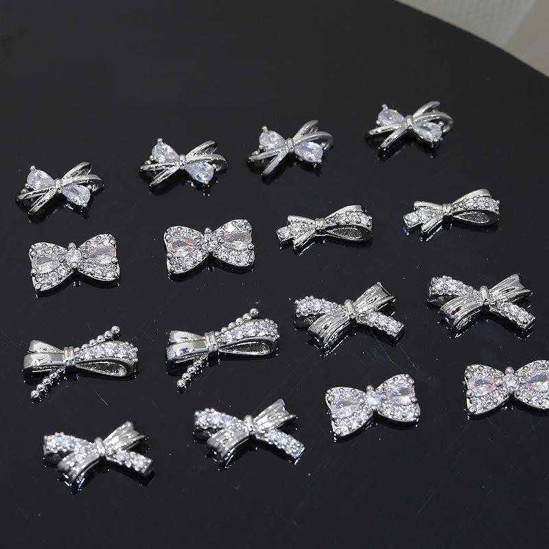 Silver Bow Zircon Nail Accessories Shiny Diamond Acc Press-On Nails Decoration