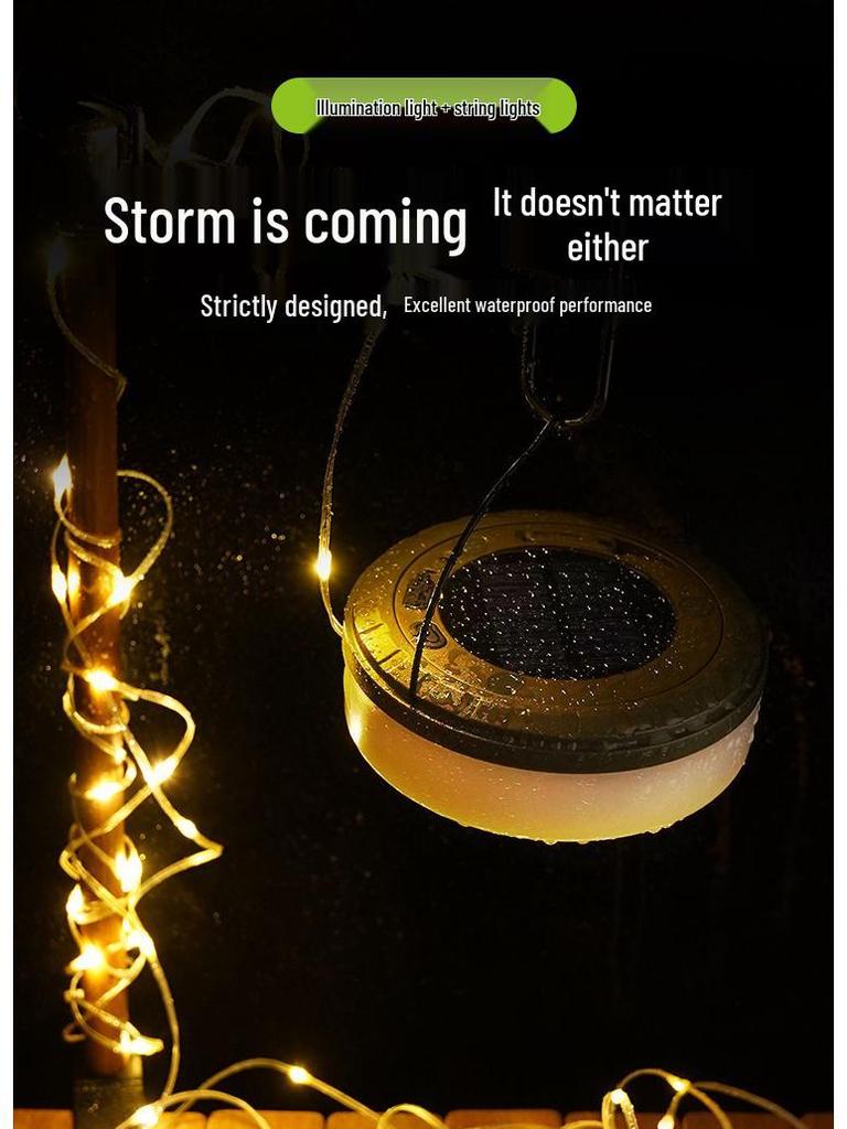 Cross-Border Rechargeable LED Solar Camping Lantern with 10m Multi-Color String Lights and Storage