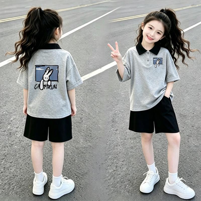 Girls' Cotton Patchwork Polo Short Sleeve T-shirt Set - Summer Stylish Two-Piece for Medium & Large Children
