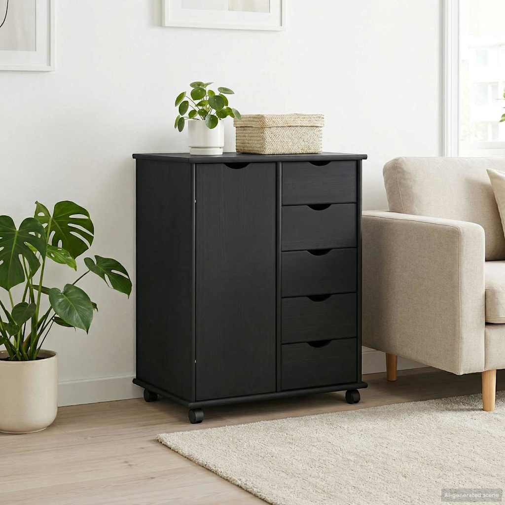 Mobile Cabinet with Wheels Black 63.5 X 39 X 79 Cm Solid Pine Wood