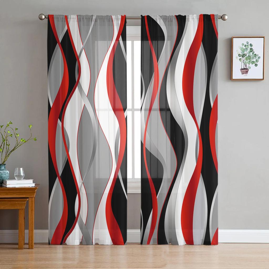 Geometric Red Black Gray Solid Abstract Translucent Drapes ideal for Living Room Decoration Window Opening Drape Kitchen Area Tulle Voile Curtains