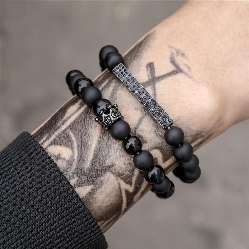Black Frosted Stone Lava Stone Crown Long Stretch Bracelet Bracelet Set