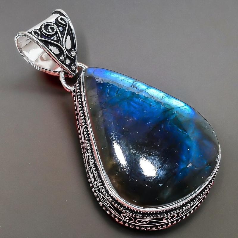 Labradorite Gemstone Handmade 925 Sterling Silver Jewelry Pendant 2.17" AH-848