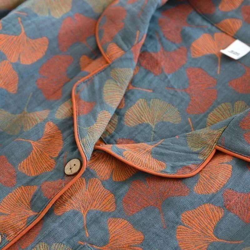 Ny Vår- och Sommar Dam Pyjamas Set Långärmad Byxor Tvådelat 100% Bomull Krepp Blomma Löv Hemmakläder