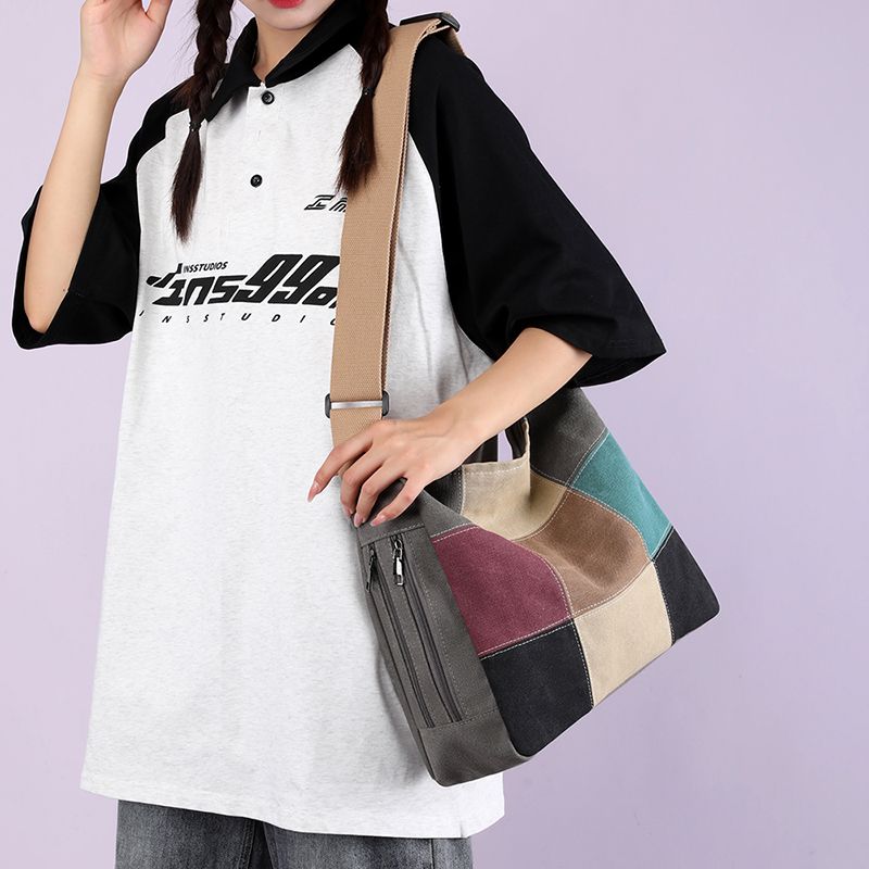 Women Color Block Patchwork Canvas Crossbody Bag Casual Shoulder Bag Fashion Outdoor Shopping