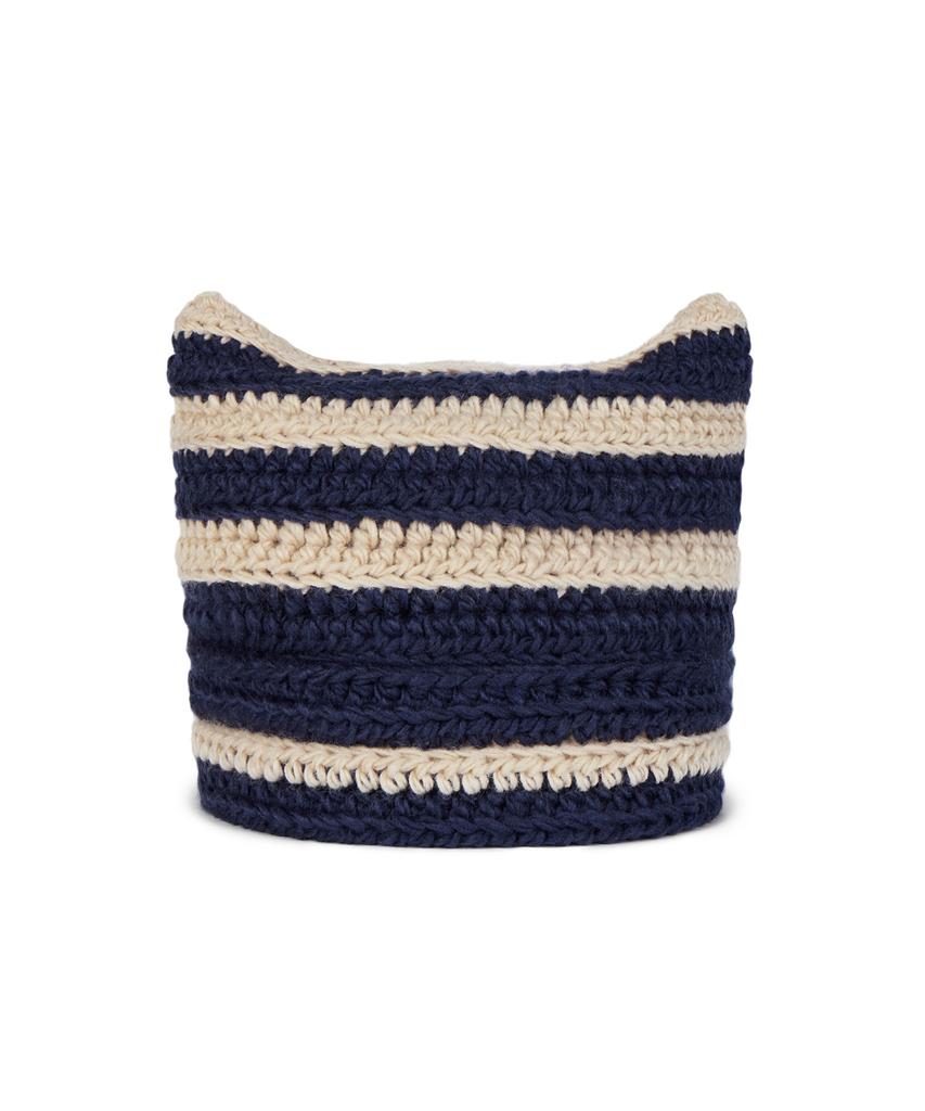 Bajal Square Label Striped Crochet Beanie Navy