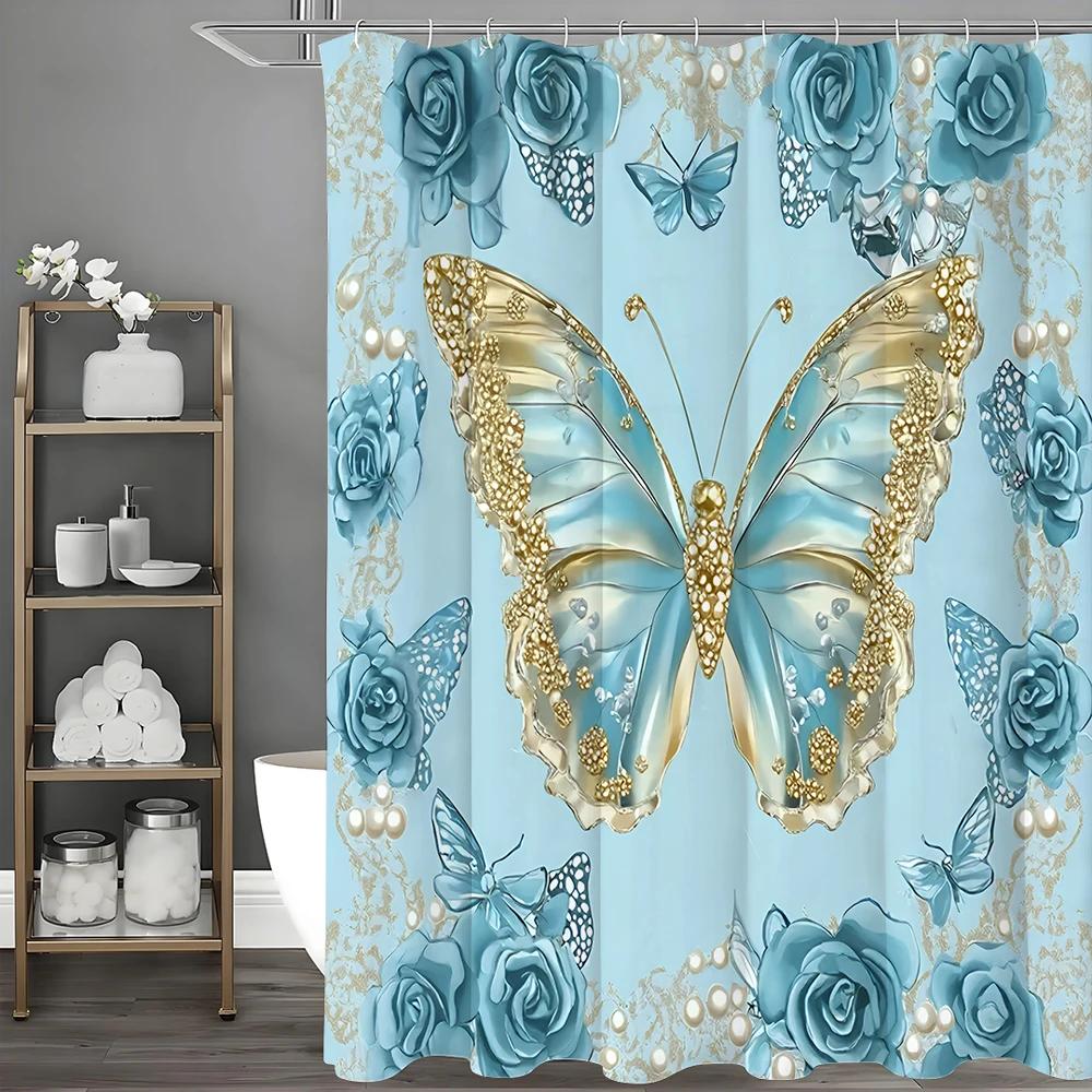 Blue Butterfly Rose Gold Shower Curtain, Bathroom Decorative Shower Curtain, Waterproof Shower Curtain with Hooks