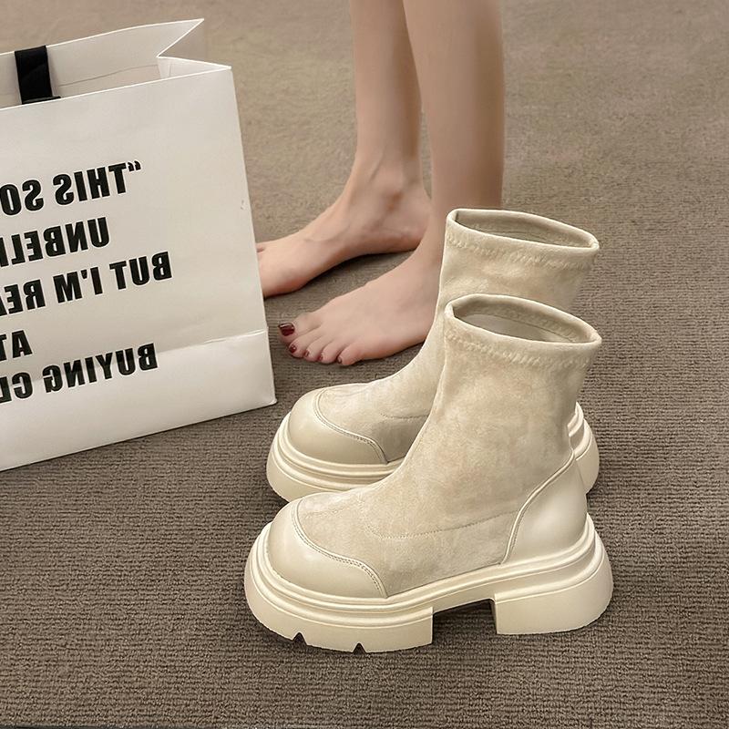 Chunky Elastische Skinny Laarzen Dames 2024 Dikke Koreaanse Versie van Dunne Laarzen Herfst Nieuwe Britse Muffin Korte Laarzen