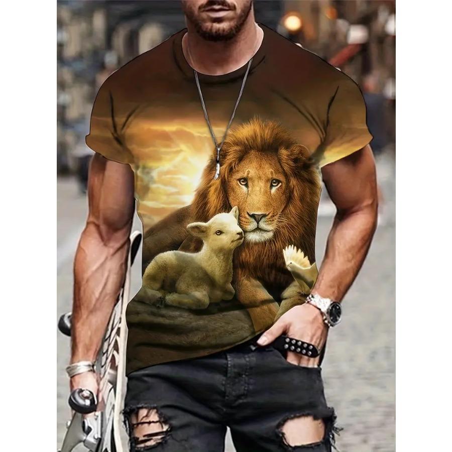 Herren Bold 3D Löwe & Lamm Grafik T-Shirt - Weicher Rundhalsausschnitt, Ultra-bequeme Sommerbekleidung - Stilvolle Urlaubsmode für tägliche Abenteuer