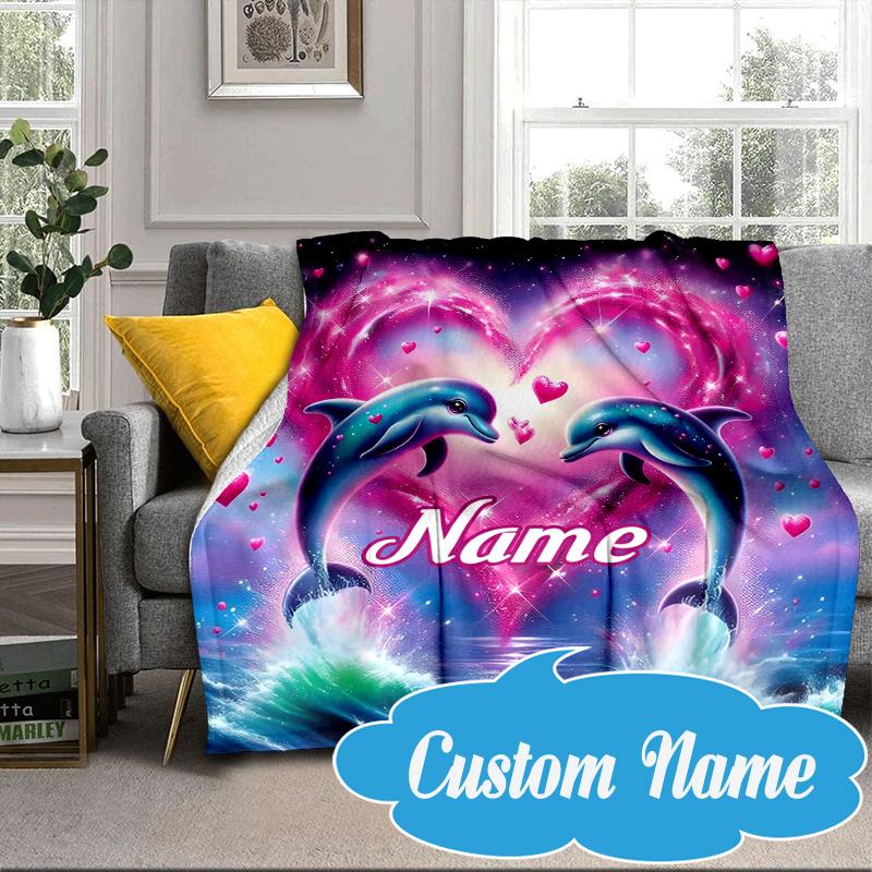 Custom Name Love Dolphins Heart Blanket Bed Sofa Blanket Flannel Blanket for Camping, Hiking, Picnic Essentials,gift for Fan Family