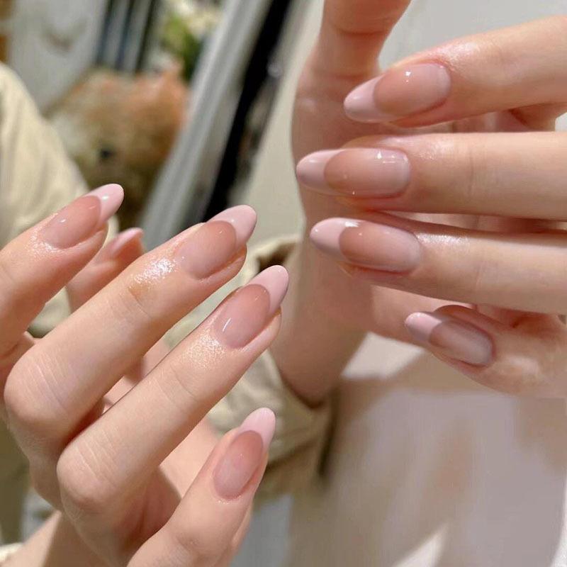 10 Pièces Nude Fait Main Dégradé French Amande Cristal Transparent Press On Nails Couverture Complète Embouts Faux Ongles Manucure