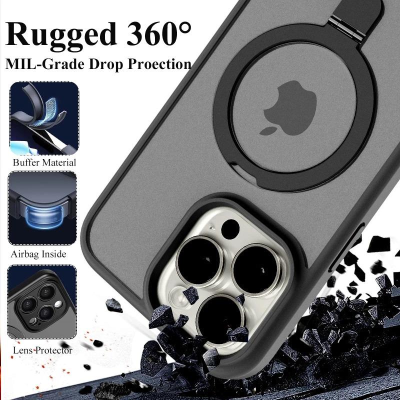 Magnetinis mobiliojo telefono dėklas su žiedu-stovu, skirtas iPhone 16 15 14 Pro Max Plus 13 12 11, permatomas dangtelis su apsauga