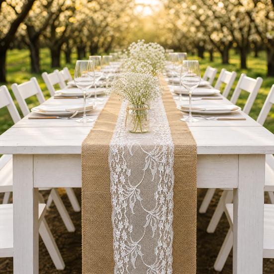 Lace Lace Burlap Table Runner, Rustic Natural Jute Table Runner, Farmhouse Hessian Tablecloths for Vintage Country Wedding Birthday Thanksgiving