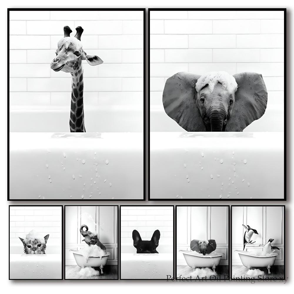 1 stuks Hete Humor Grappige Zwart Witte Dieren in Badkuip Badkamer Poster HD Posters Huis Kamer Bar Cafe Decor Kunst Muurschildering Afbeelding