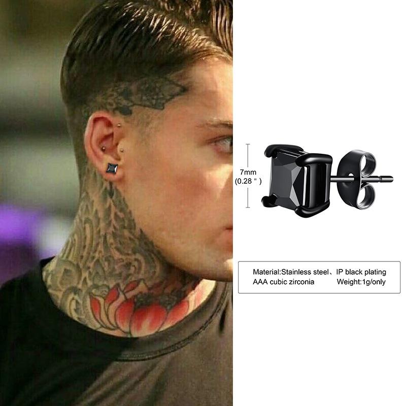 Mens Earrings, Square CZ Stud Earring, Princess Cut Earrings,Stainless Steel Butterfly Push Back Earrings,Man Jewelry