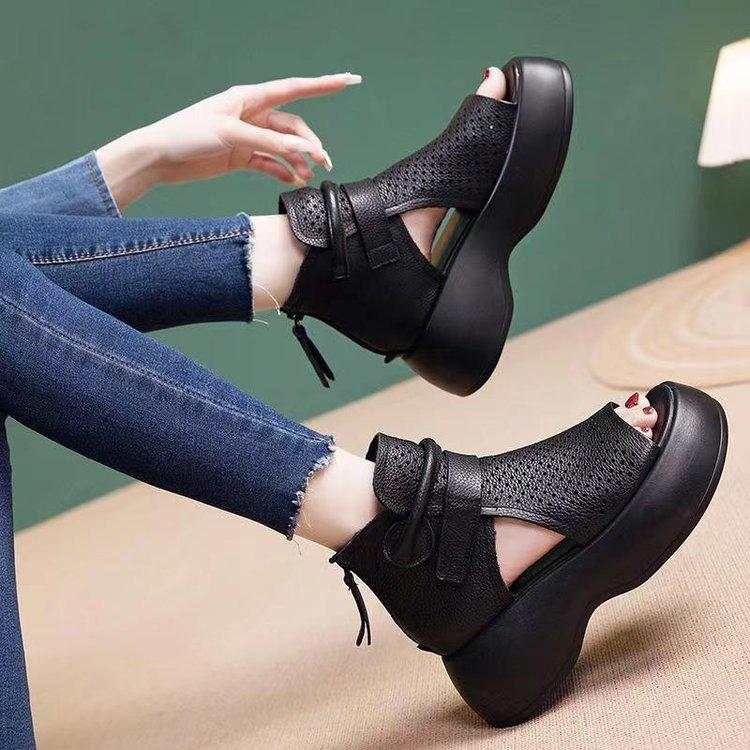 2024 Spring/Summer Women's Wedge Sandals: Thick Sole, One-Strap Buckle, Plus Size, Fashionable Mid-Heel
