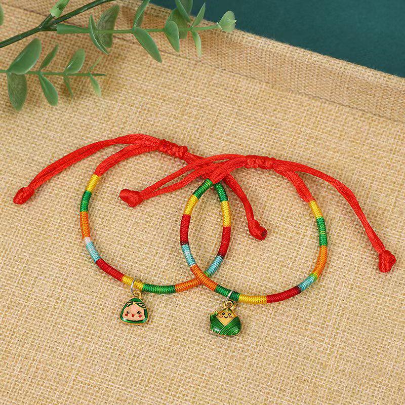Traditional Dragon Boat Festival Hand-Woven Silver Rice Dumplings Bracelet with Colorful Rope