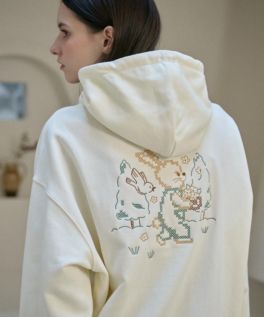 Bunny Flower Embroidered Hoodie Cream