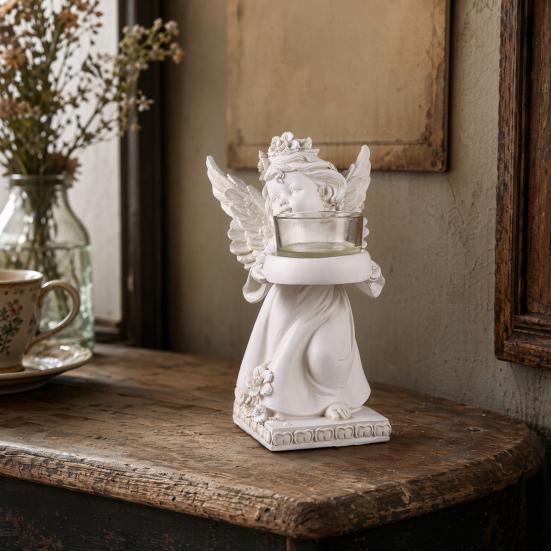 Little Angel Candle Holder, Resin Decorative Guardian Angel Tea Light Holder, Retro Cherub Sculpture for Home Church Wedding Decor