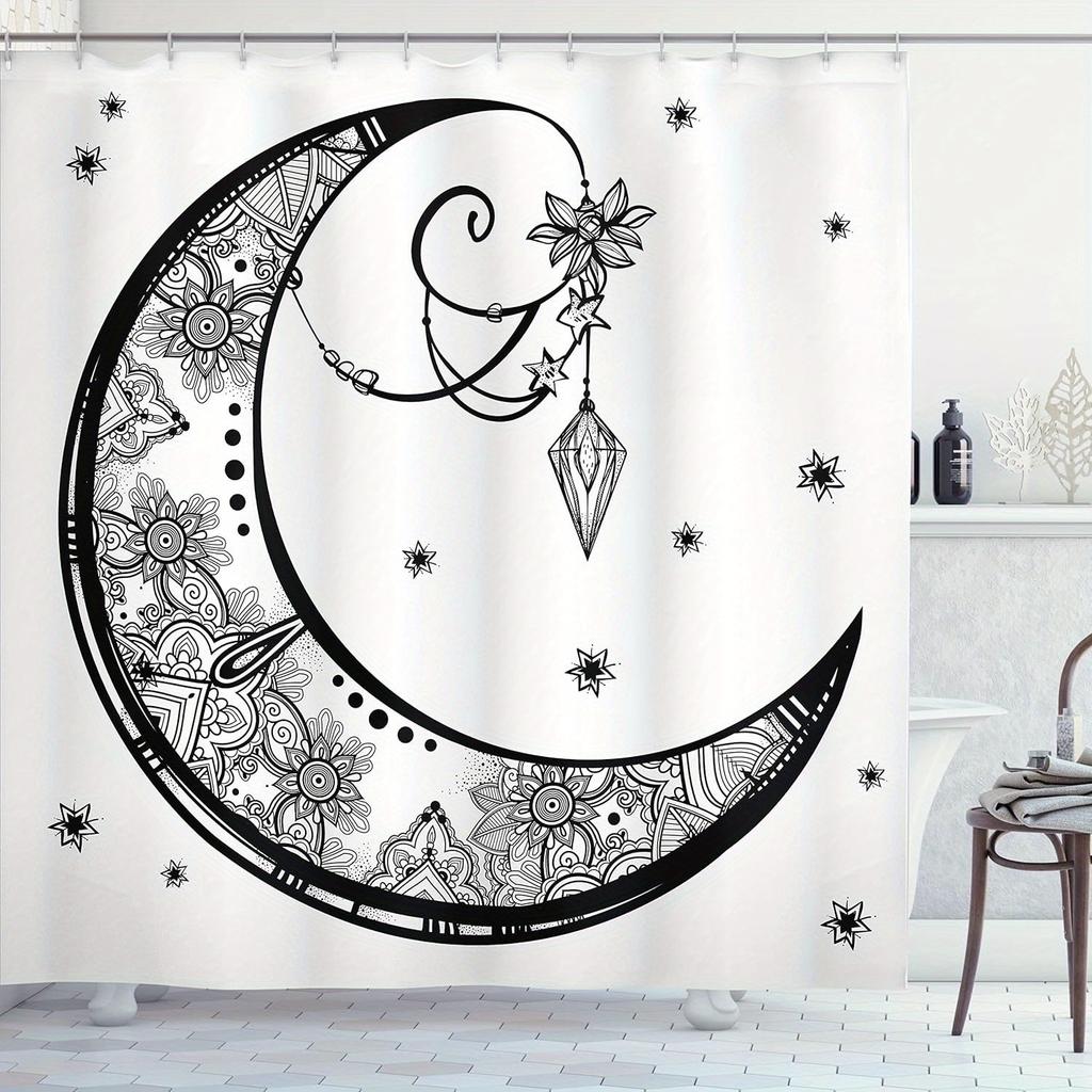 Black & White Paisley Floral Moon Shower Curtain - Crescent Gem Astrology Design, Elegant Polyester, Mystical Bath Decor