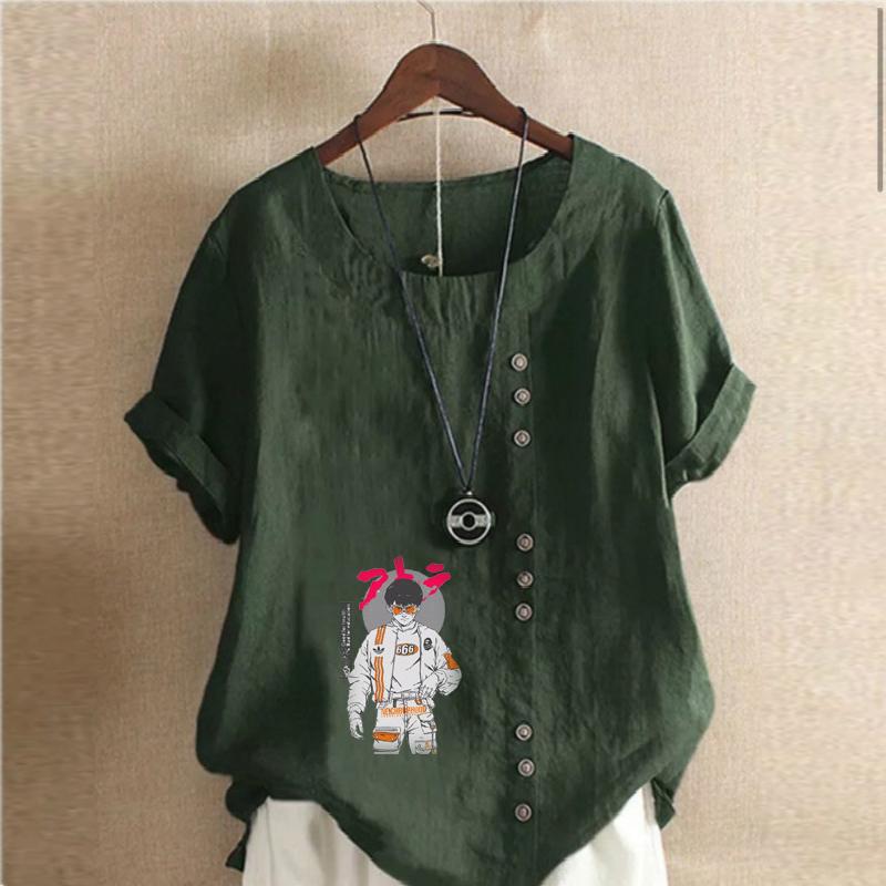 Women's Fashion Round Neck Short Sleeve T-shirt Casual Cotton Linen Graphic Shirt Leisure Loose Astronaut Prined Summer Blouse Tops