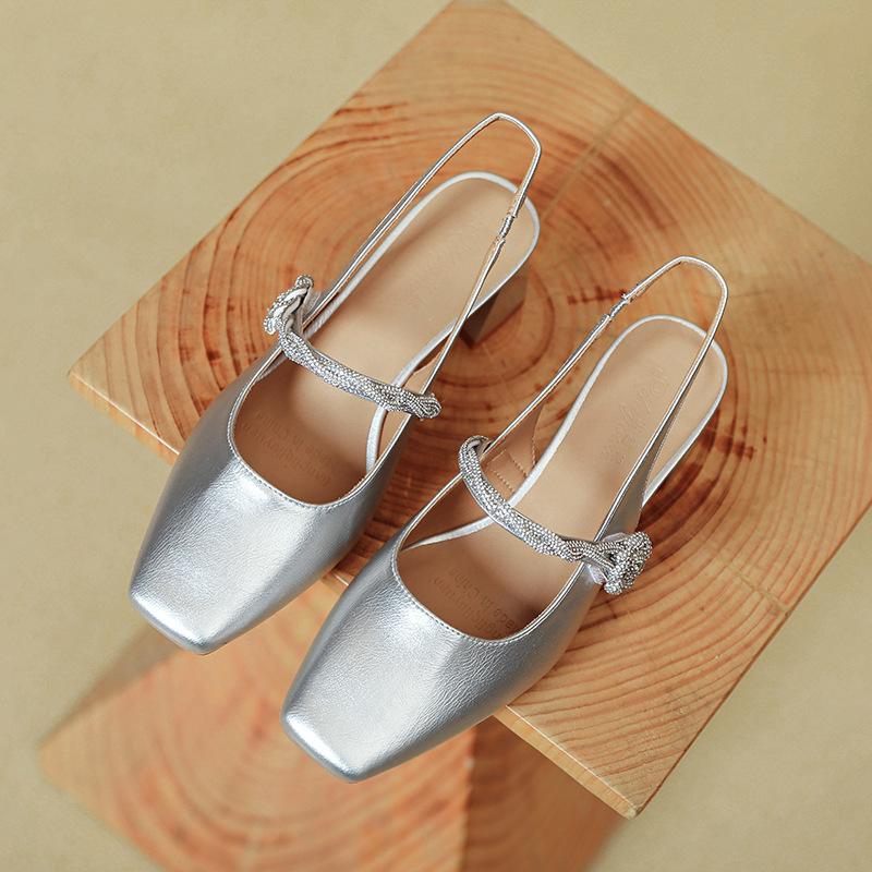 Sandales Baotou été Mary Jane chaussures simples talon moyen talon épais argenté avec talons hauts