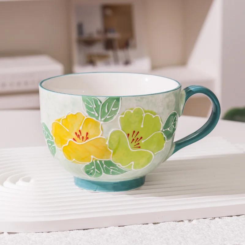 Creative Cute Hand-painted Flower Ceramic Cup Nordic Style Household Breakfast Milk Oatmeal Tea Cups Drinking Coffee Mugs Gifts