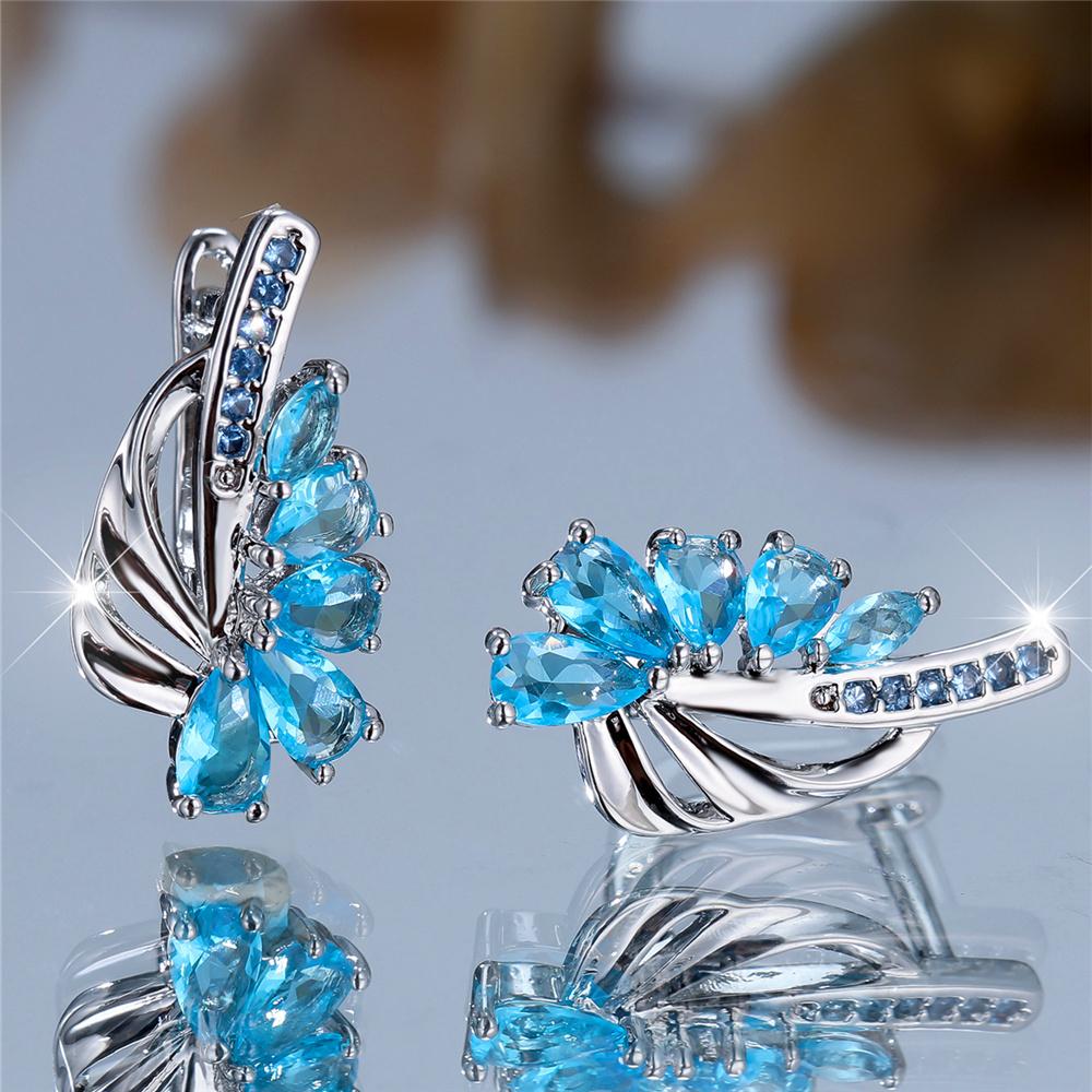 Charm Female Light Blue Zircon Stone Hoop Earrings Silver Color Simple Wedding For Women