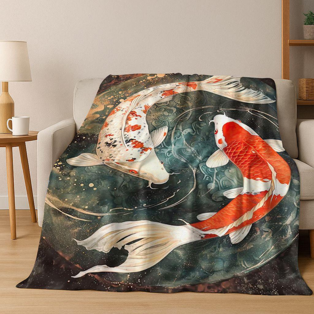 Couverture en Flanelle de Luxe Poisson Koi Porte-Bonheur Yin Yang Carpe Dessin Animé, Couverture Douce et Confortable pour la Maison la Chambre à Coucher le Lit le Canapé Couverture Cadeau Enfant