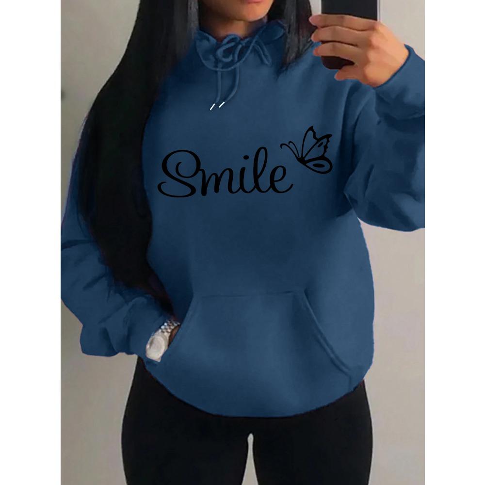 Smile Font Language Butterfly Pattern Hoody For Women Sport Pocket Clothing Cute Multicolor Streetwear Autumn Fashion Hoodies