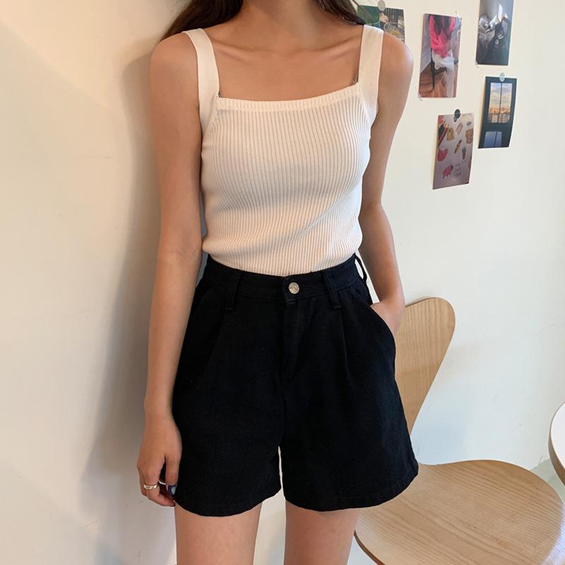 Women Spring Summer Halter Neck Sleeveless Solid Color Ice Silk Knitted Camisole Cropped Top