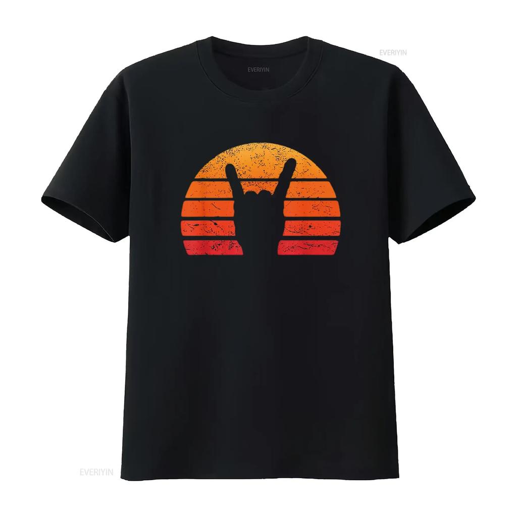 Retro Sun Rock Hand Sign Punk Rocker Music Festival Womens T Shirt Black Vintage Washed Versatile Breathable Graphic Soft