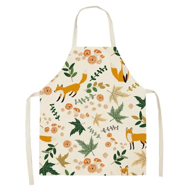 Cute Fox Cat Pattern Apron Women Men Children's Cooking Oil-Proof Kitchen Cooking Bib Apron Cotton Linen Home Textile