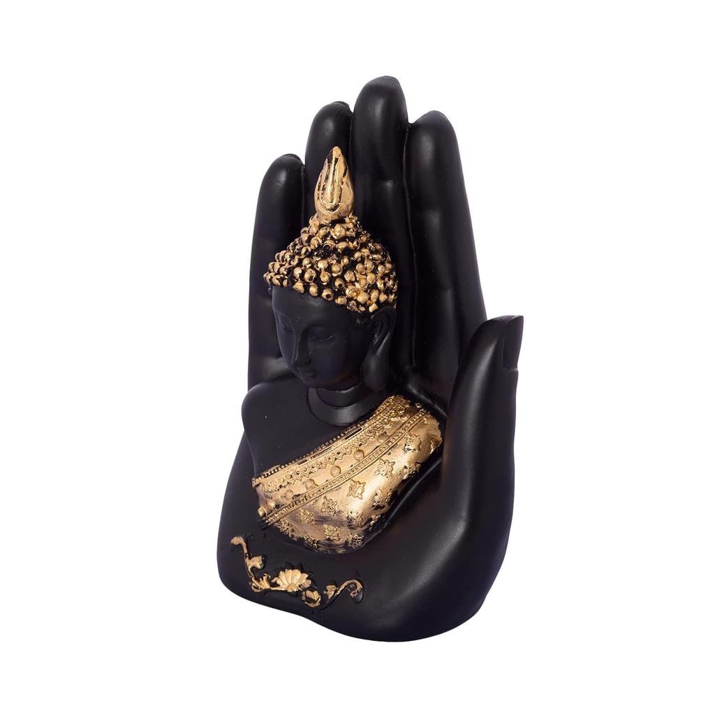 Latest Resin Black and Golden Handcrafted Palm Buddha Statue, Religious Idol Spiritual Festive Home Decor Showpiece,