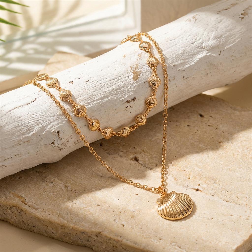 Classic Gold Color Metal Shell Beaded Necklace for Women Bohemia Double Layer Scallop Pendant Choker Summer Beach Jewelry Gift