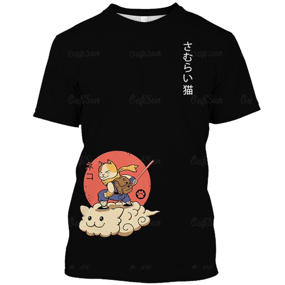 Anime Cat Men's T-Shirt 3d Printed Short-Sleeved Tops Oversized Black Streetwear Japanese Tees Casual Men's Clothing