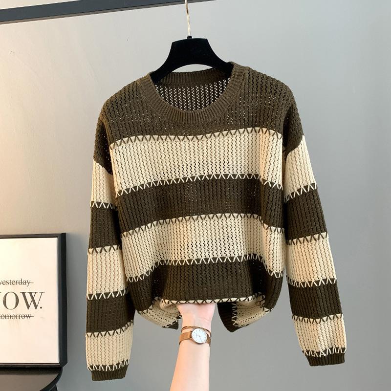 Wide Striped Long-sleeved Loose Round Neck Sweater for Women Spring and Autumn Thin Versatile Sweater