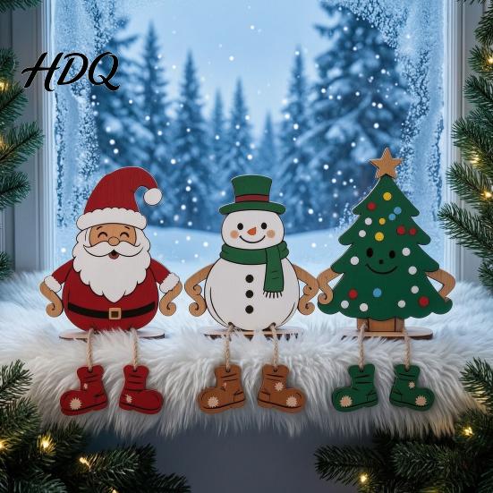 Tiered Tray Christmas Decor 3Pcs 2D Wooden Hanging Ornaments Cartoon Santa Snowman Tree Figurines Indoor Seasonal Table with Leg Design Holiday