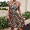 Women Summer Floral Halter Neck Dress High Waist Sleeveless Pleated Necklace Design