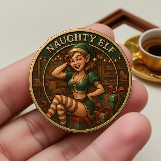 Christmas Temptation Coin Pin-Up Inspired Adults Holiday Token Metal Collectible Coin Decoration Round Keepsake Badge Stocking Stuffer Gag Gift