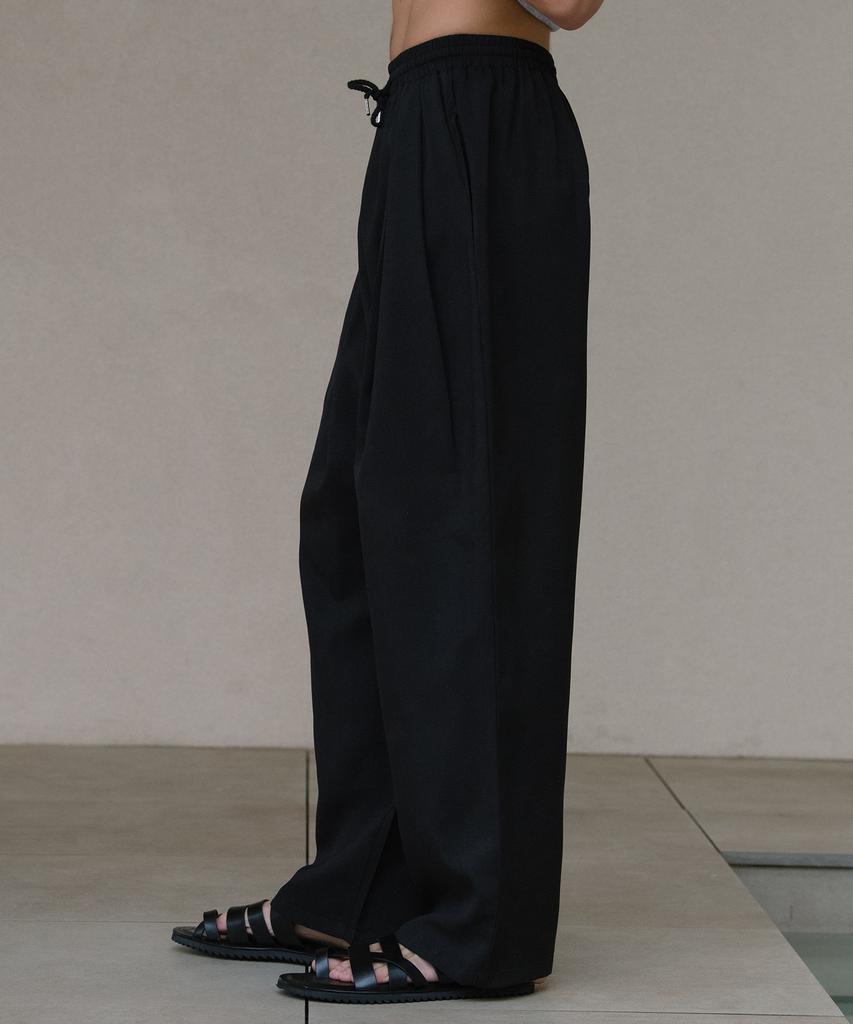 Dekkoloso Cool Linen-Like Double-Pleated Wrinkle-Free Wide Elastic Pants [Black]