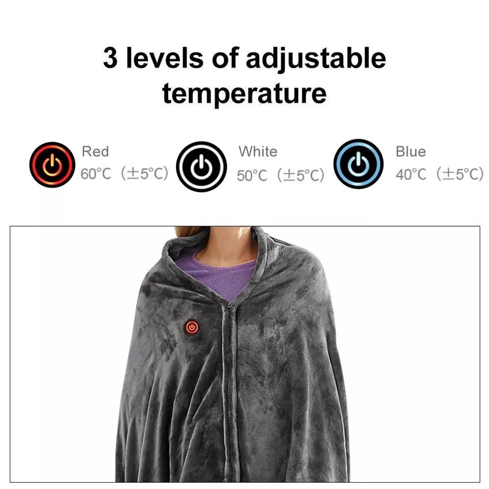 Electric Heating Blanket USB Charging Heated Shawl 3 Heating Level Coral Fleece Plush Winter Warm Shawl for Outdoor Home Office