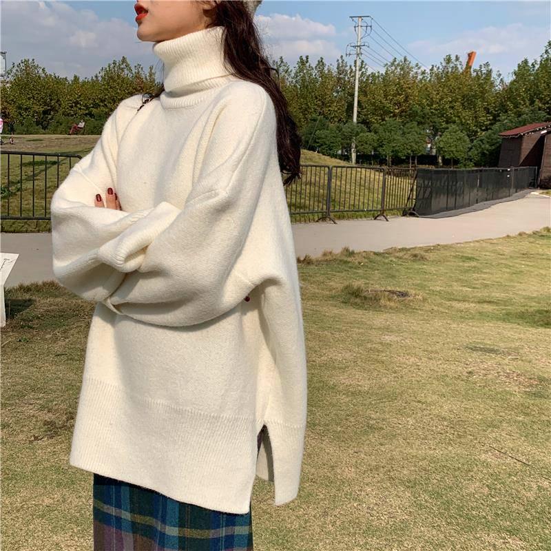 Winter Thick Turtleneck Wild Sweater Women Loose Pullover Split Solid Color Knitted Sweater