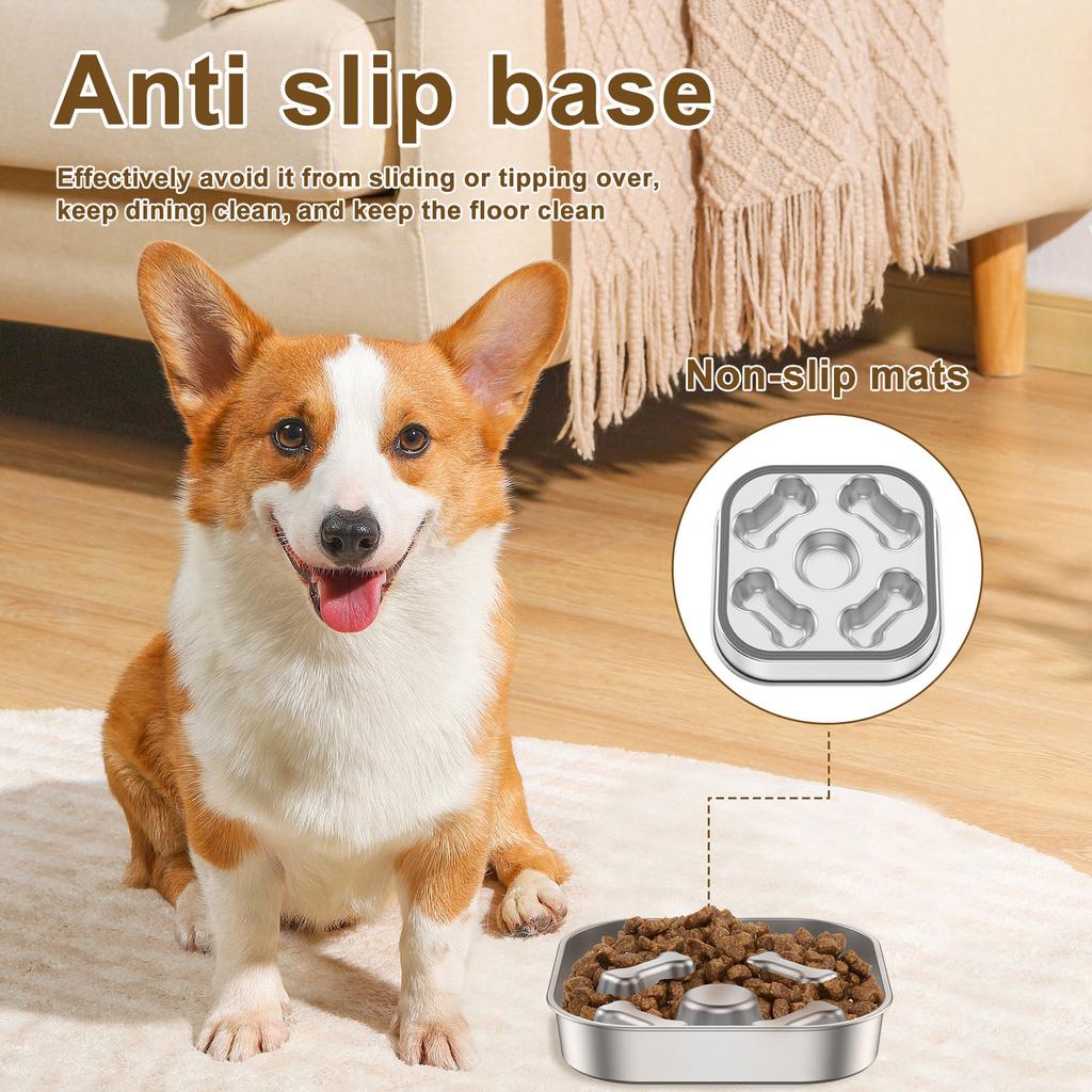 Slow Feeder Dog Bowl Stainless Steel Cat Eating Bowl with Nonslip Bottom Square/Round Anti Suffocation Pet Bowl Pet Supplies