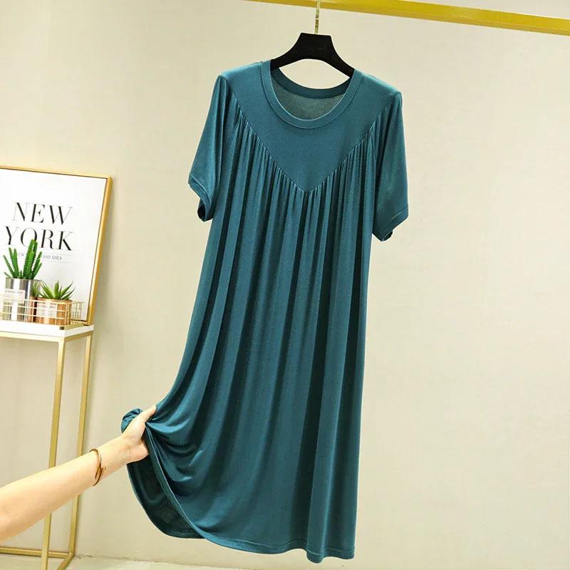 Super Soft Comfortable Short Sleeve Loose Pajama Dress Female Korean Loose V-Shaped Long Nightdress Modal Bottoming Night Shirt