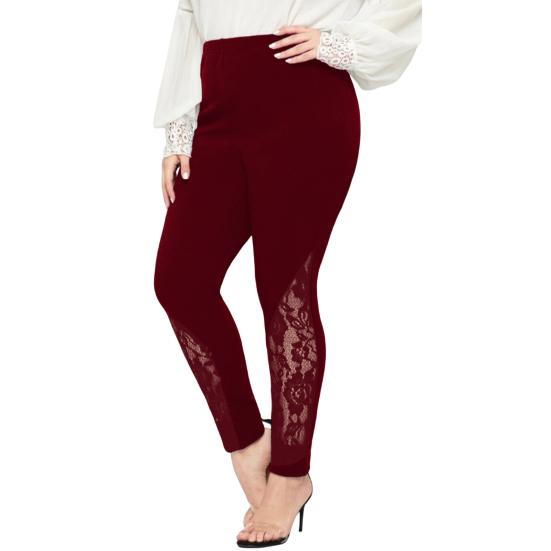 Women High Waist Leggings Solid Color Slim Fit Hollow Embroidery Lace Floral Elastic Tight Fit Pencil Pants